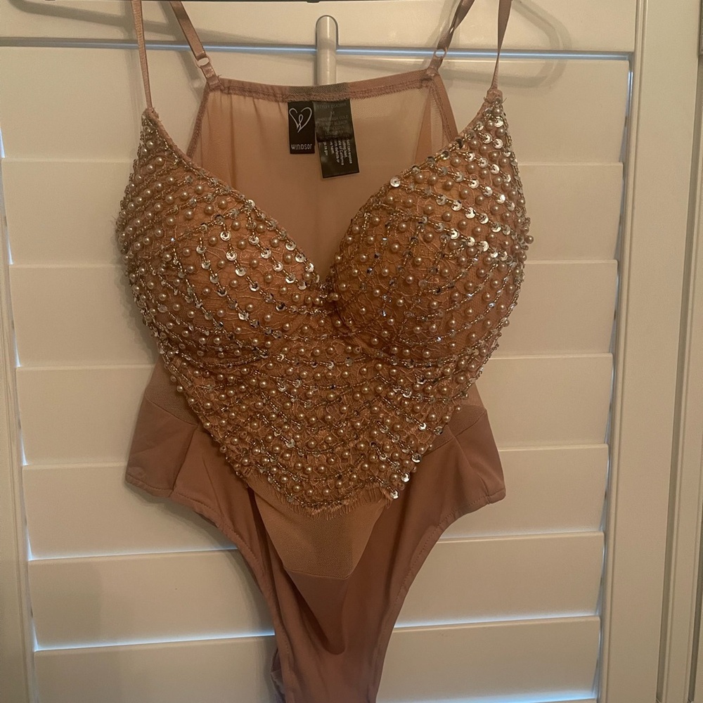 Windsor Tan Gold Embellished Bustier Bodysuit